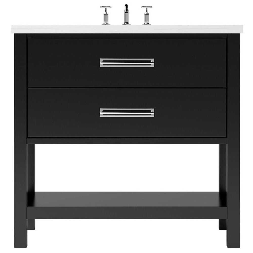 Black bathroom vanity with two drawers and a white countertop on a white background