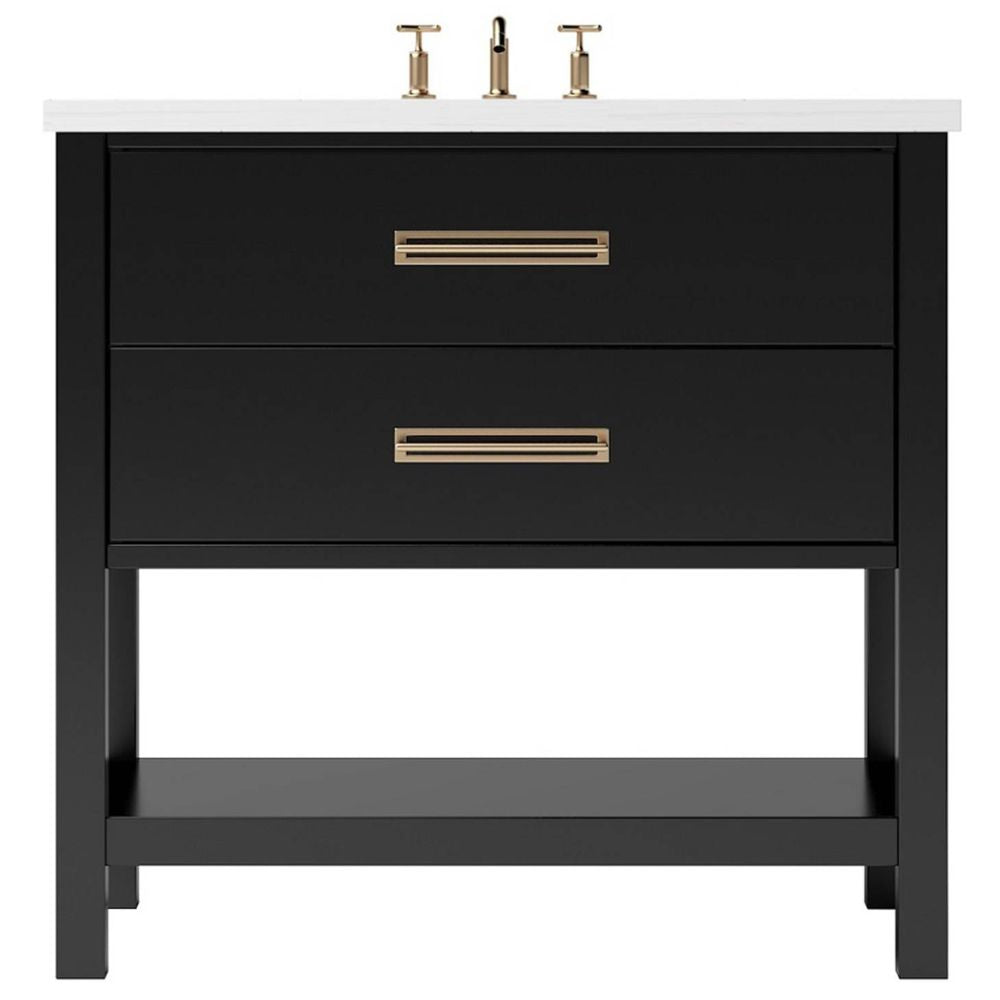 Black bathroom vanity with white countertop and gold fixtures on a white background