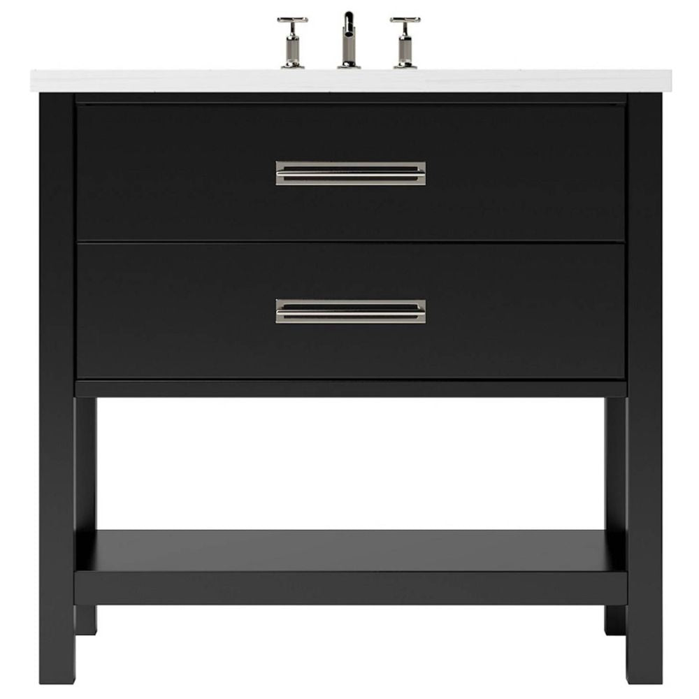 Black bathroom vanity with two drawers and a white countertop on a white background