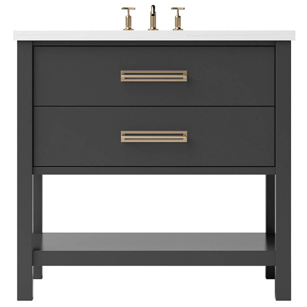 Gray bathroom vanity with white countertop and gold fixtures on a white background