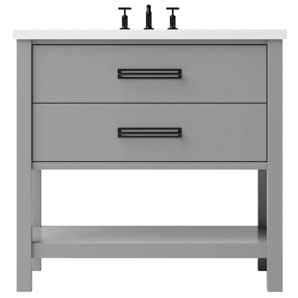 Gray bathroom vanity with white countertop and black fixtures on a white background