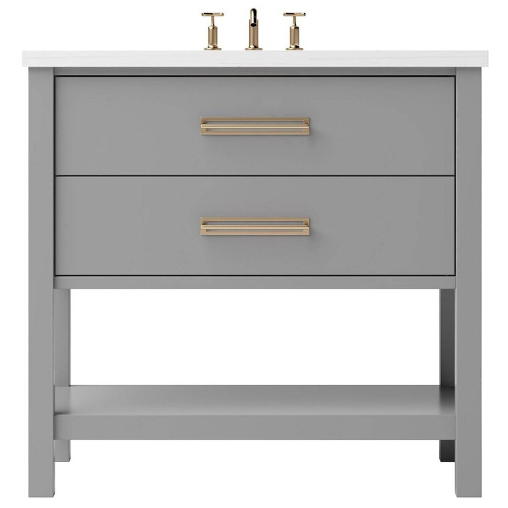 Bathroom vanity with two doors, gold handles, and a white countertop on a white background