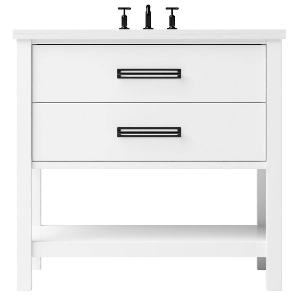 White bathroom vanity with two drawers and a shelf on a white background