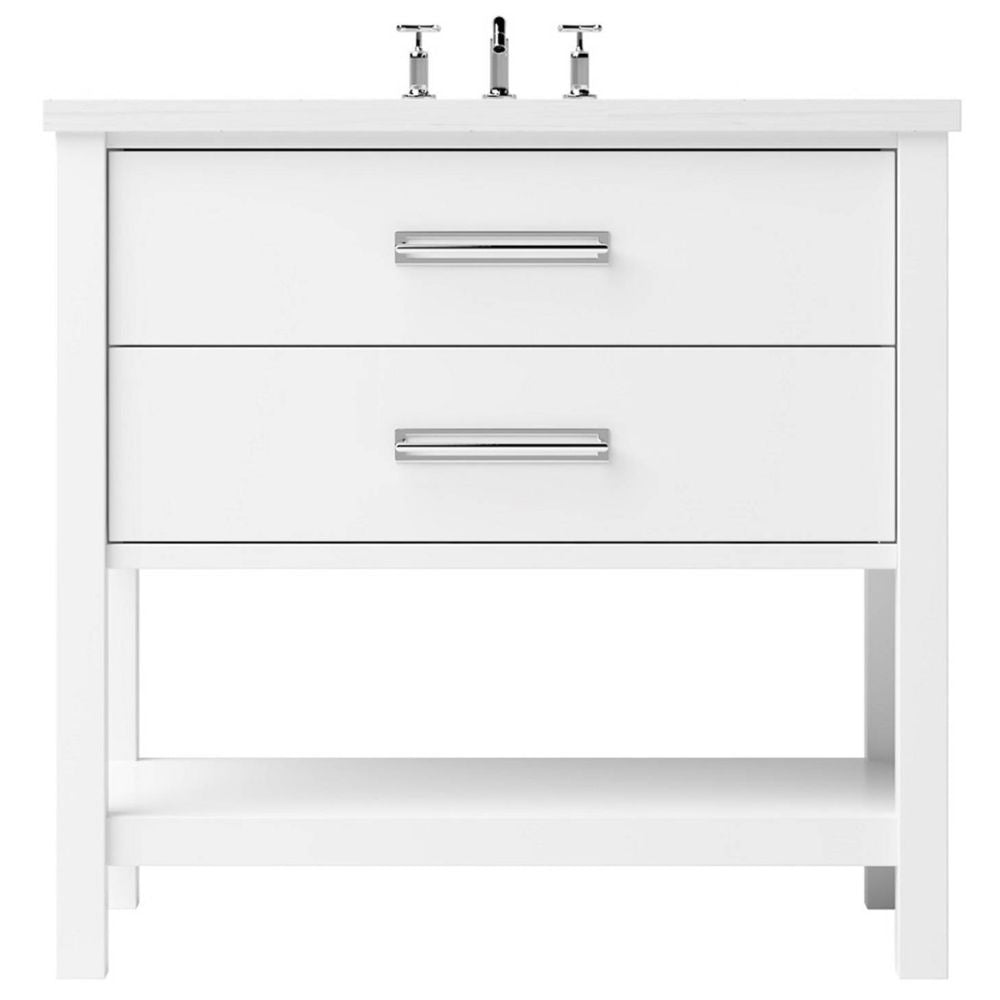 White bathroom vanity with two drawers and a shelf on a white background
