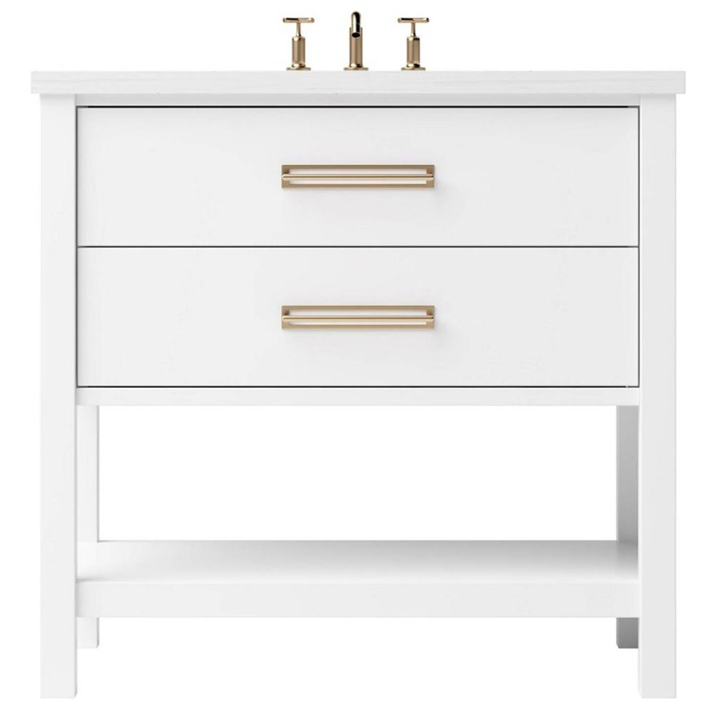 White bathroom vanity with gold handles on a white background