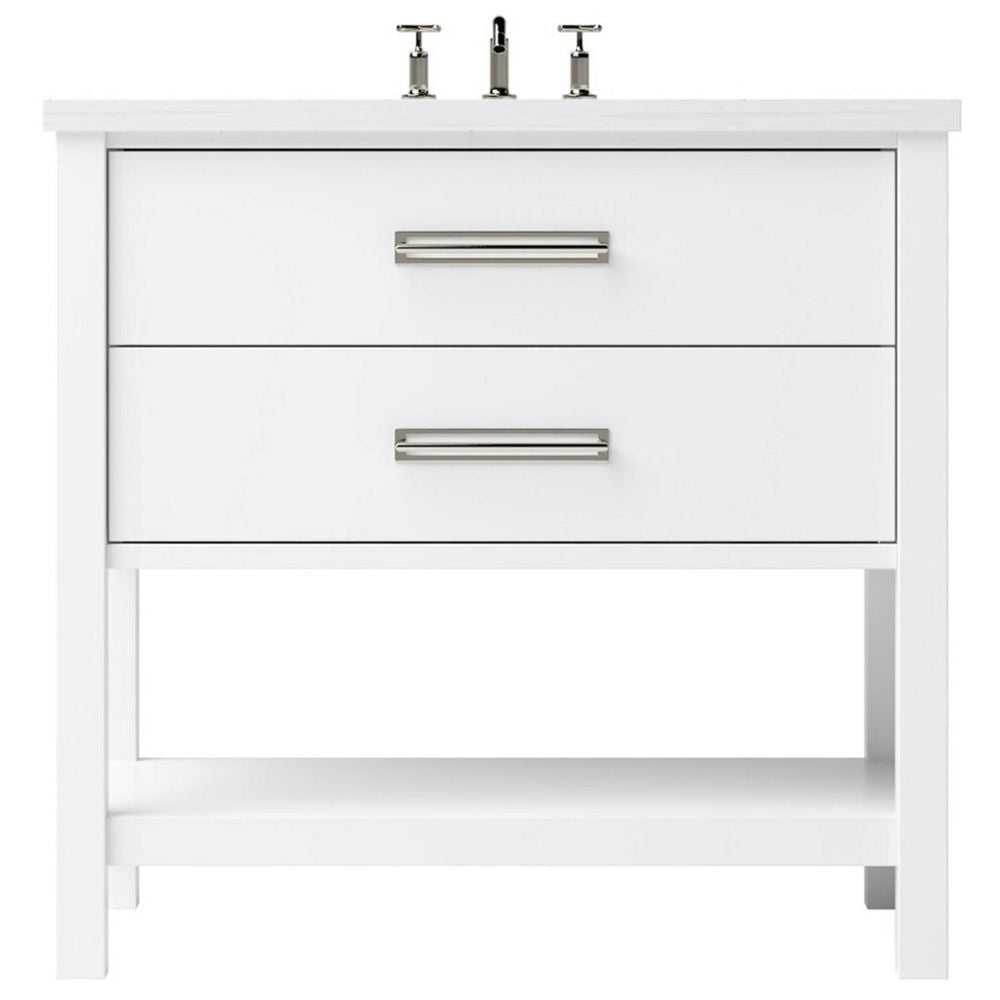 White bathroom vanity with two drawers and a shelf on a white background