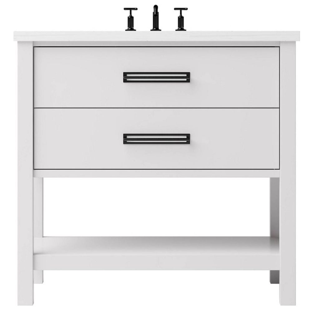 White bathroom vanity with two drawers and black handles on a white background