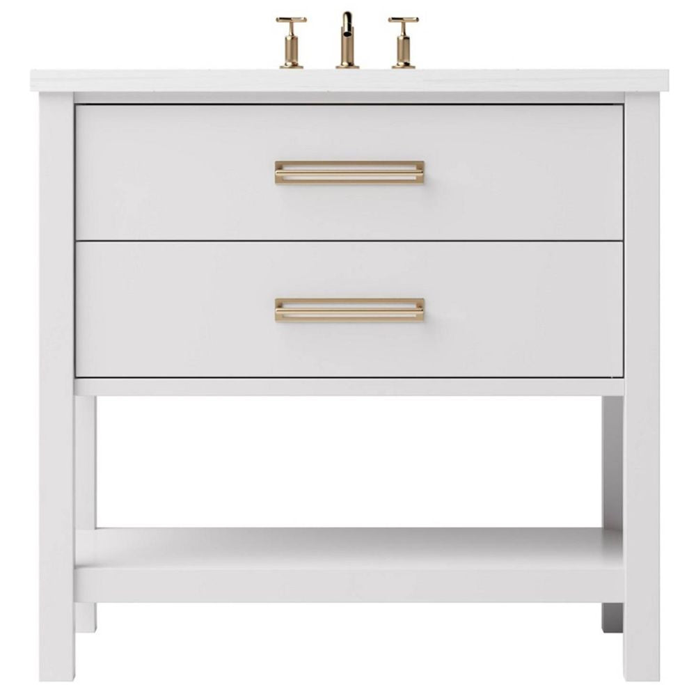 White bathroom vanity with gold handles on a white background