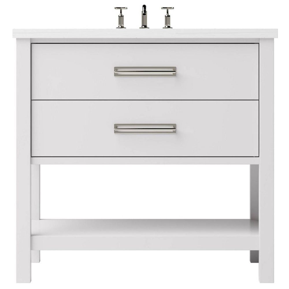 White bathroom vanity with two drawers and a shelf on a white background