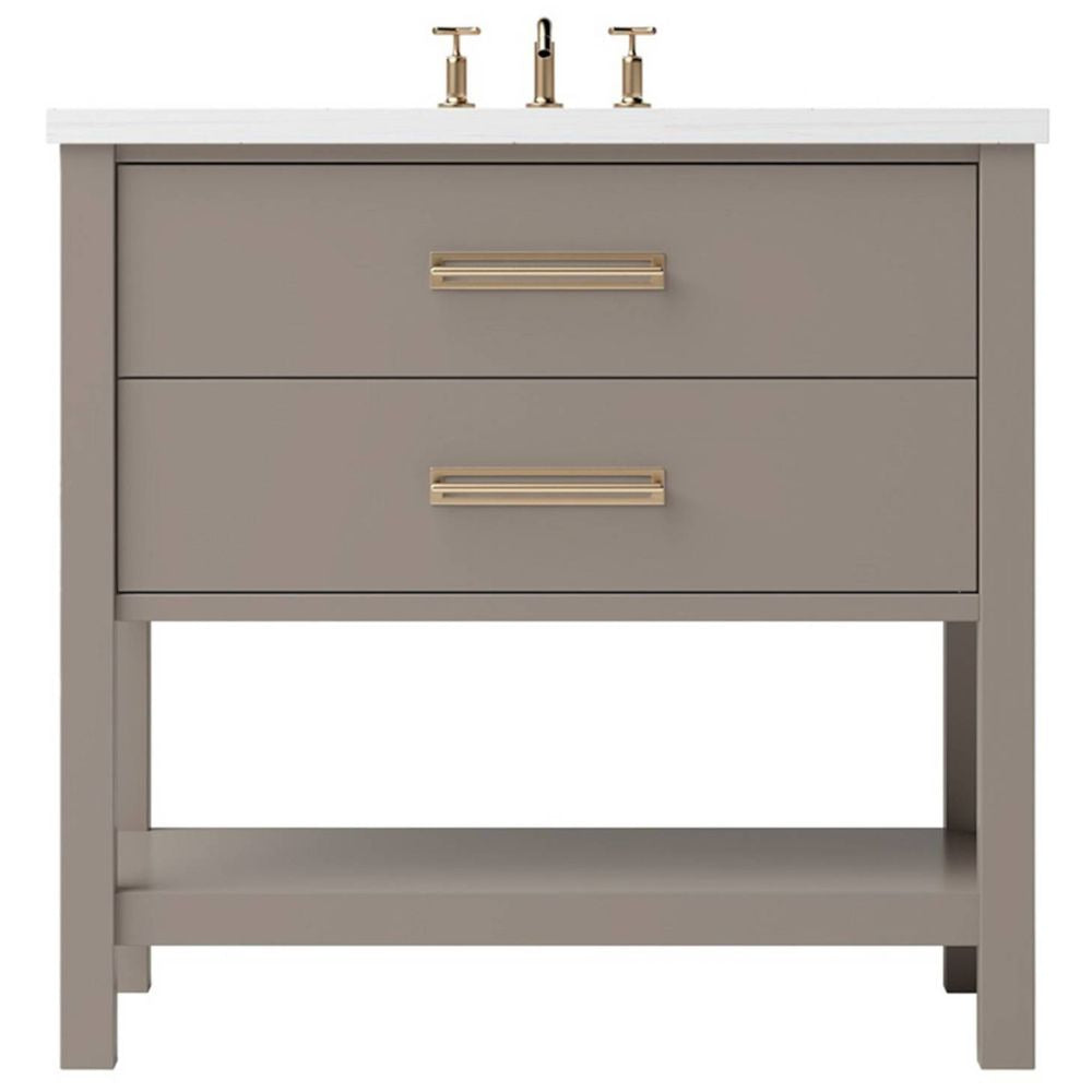 Bathroom vanity with two doors, gold handles, and a white countertop on a white background