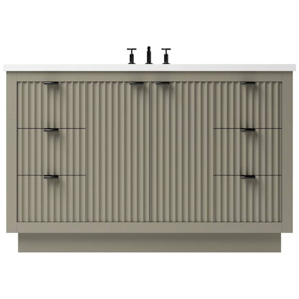 Bathroom vanity with a textured surface and black fixtures on a white background