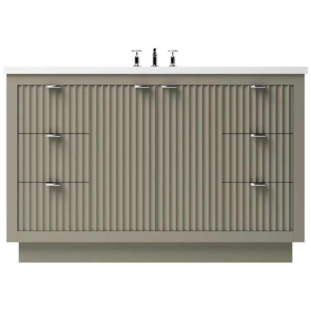 Bathroom vanity with ribbed design and metallic fixtures on a white background