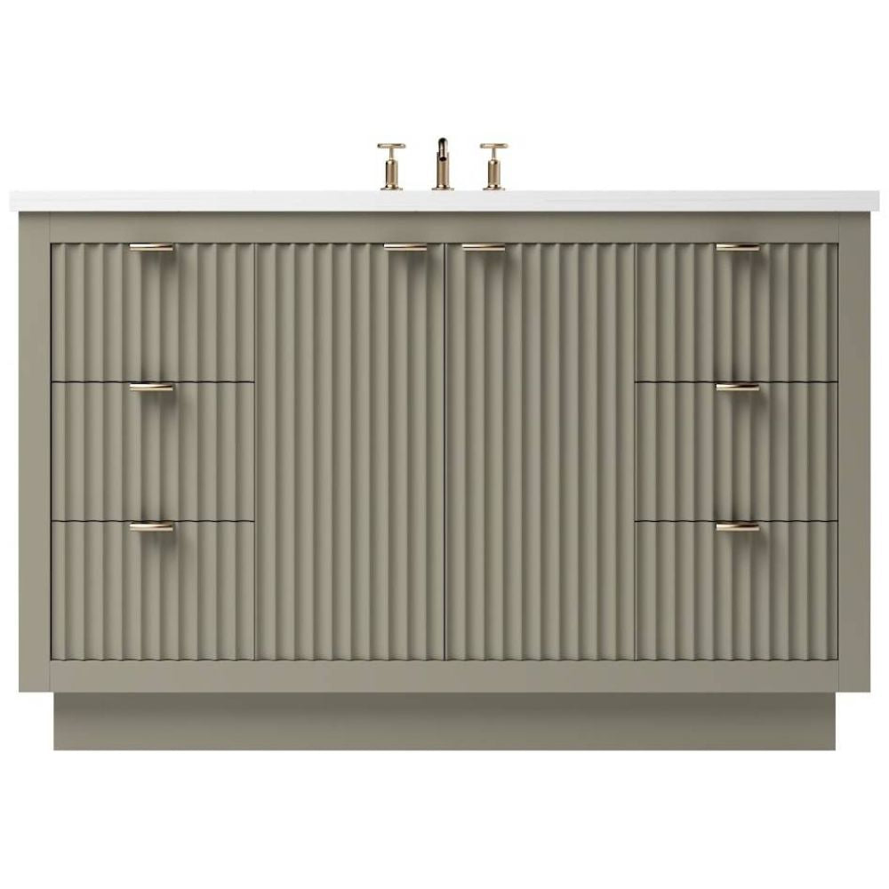 Bathroom vanity with a textured design and gold fixtures on a white background