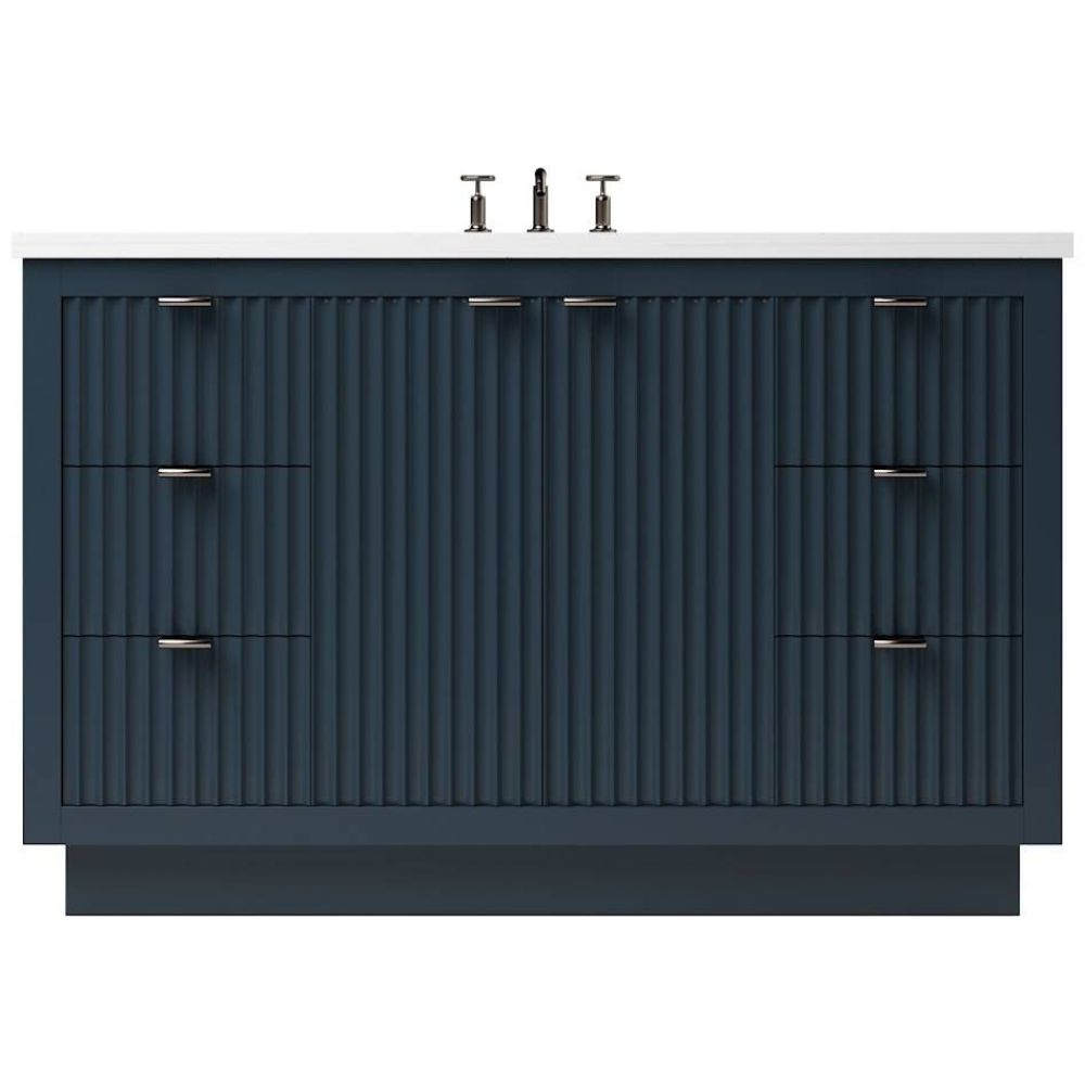 Bathroom vanity with textured navy finish and silver fixtures on a white background