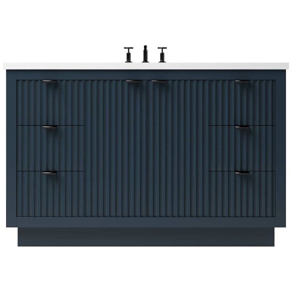 Blue bathroom vanity with black fixtures on a white background