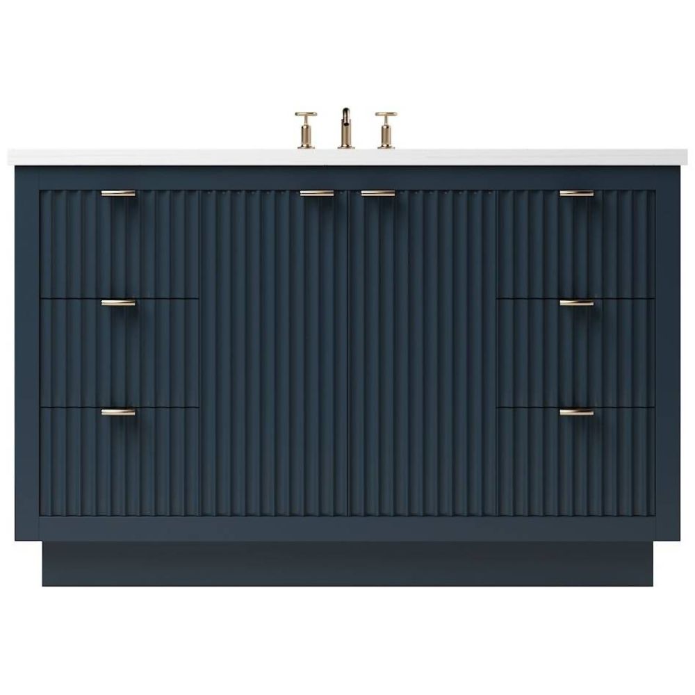 Bathroom vanity with blue cabinet, white countertop, and gold fixtures on a white background