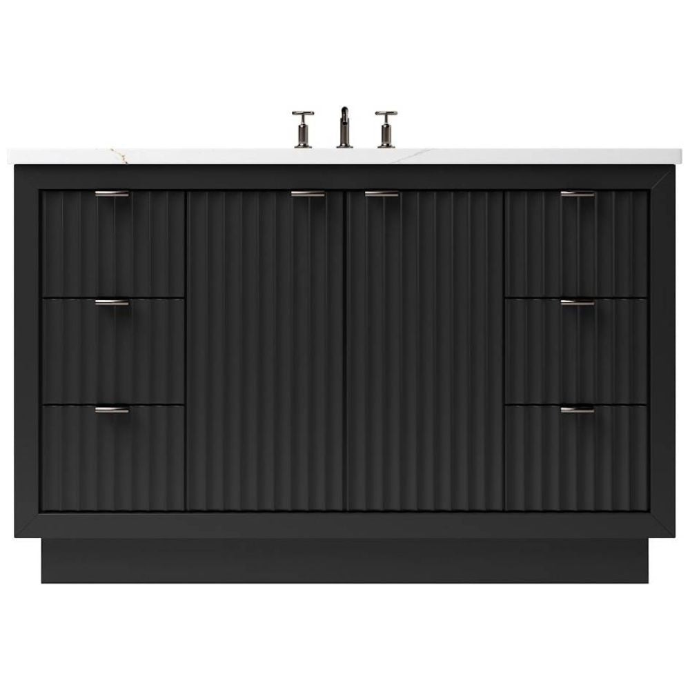 Black bathroom vanity with textured finish and silver handles on a white background