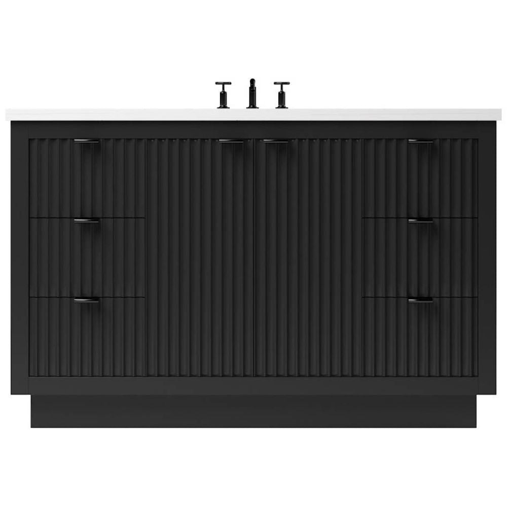 Black bathroom vanity with textured design and gold fixtures on a white background