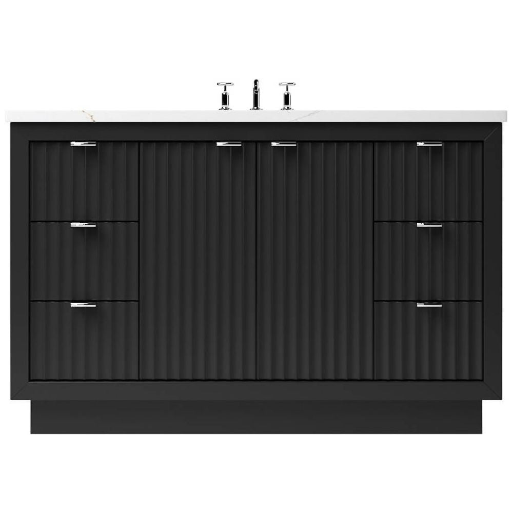 Black bathroom vanity with textured finish and silver handles on a white background