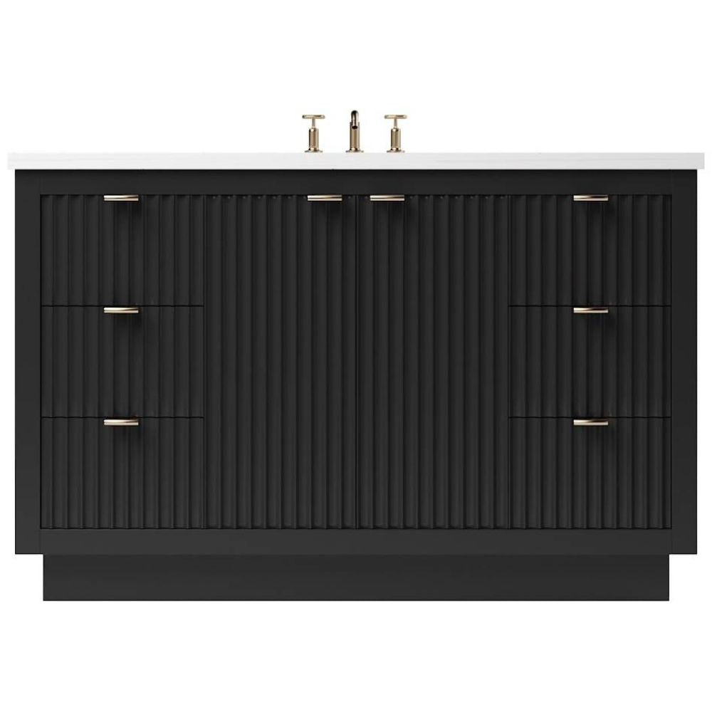 Black bathroom vanity with textured design and gold fixtures on a white background