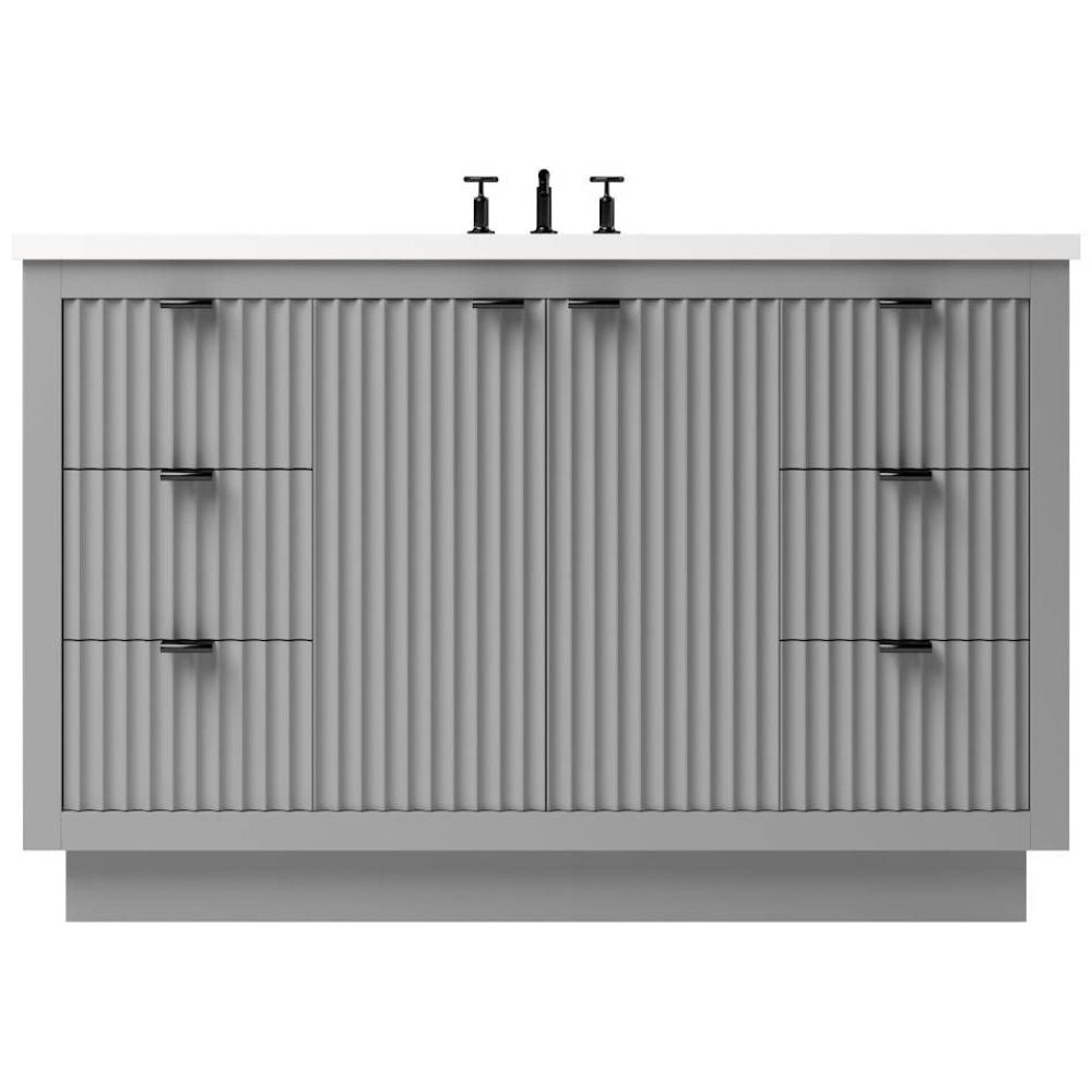 Gray bathroom vanity with three drawers and a faucet on a white background