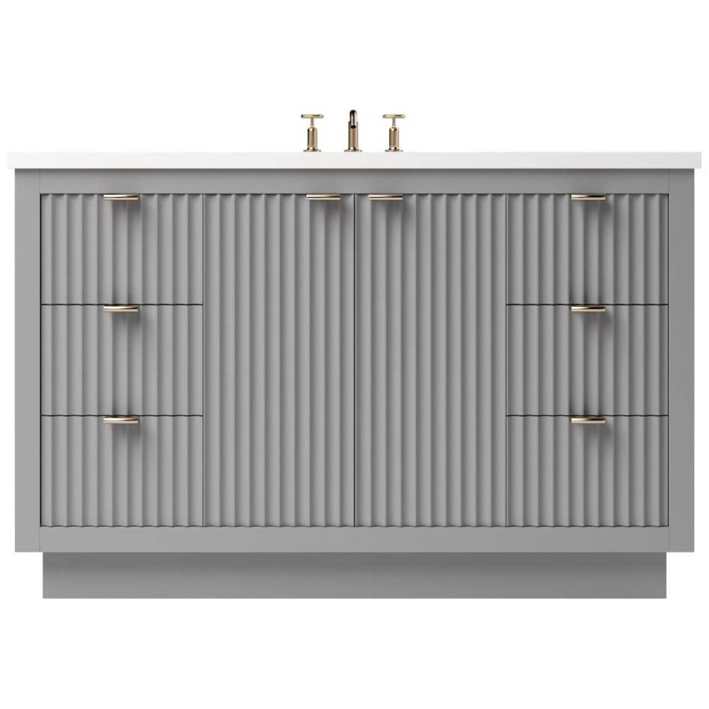 Gray bathroom vanity with gold fixtures on a white background