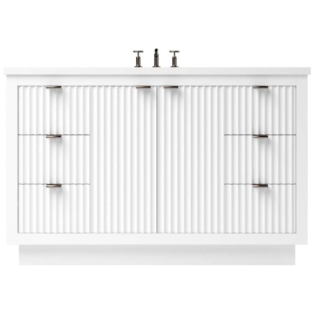 White bathroom vanity with a faucet on a white background