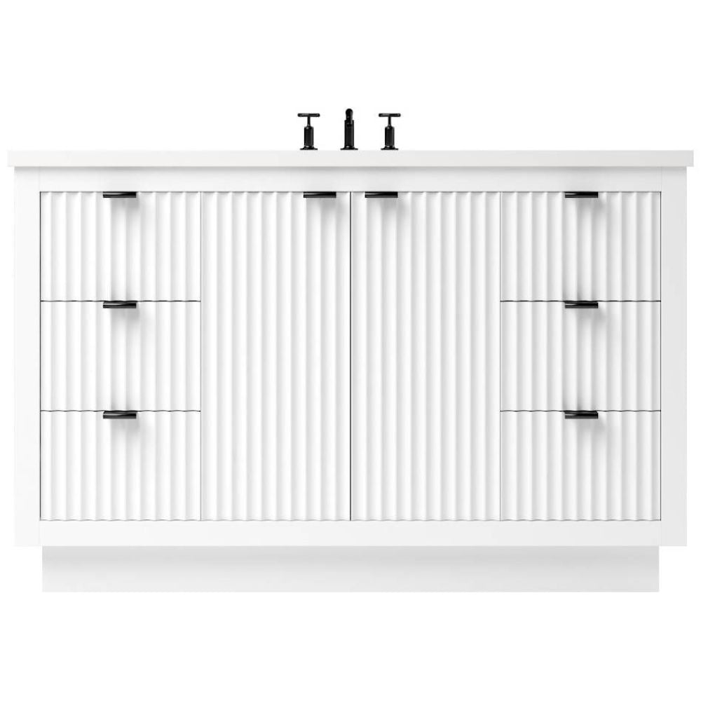 White cabinet with black handles on a white background