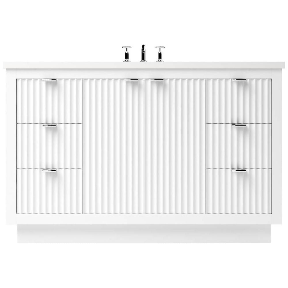 White bathroom vanity with two sinks and a faucet on a white background