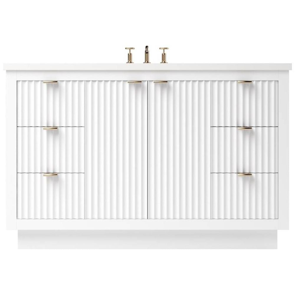 White bathroom vanity with decorative elements on a white background