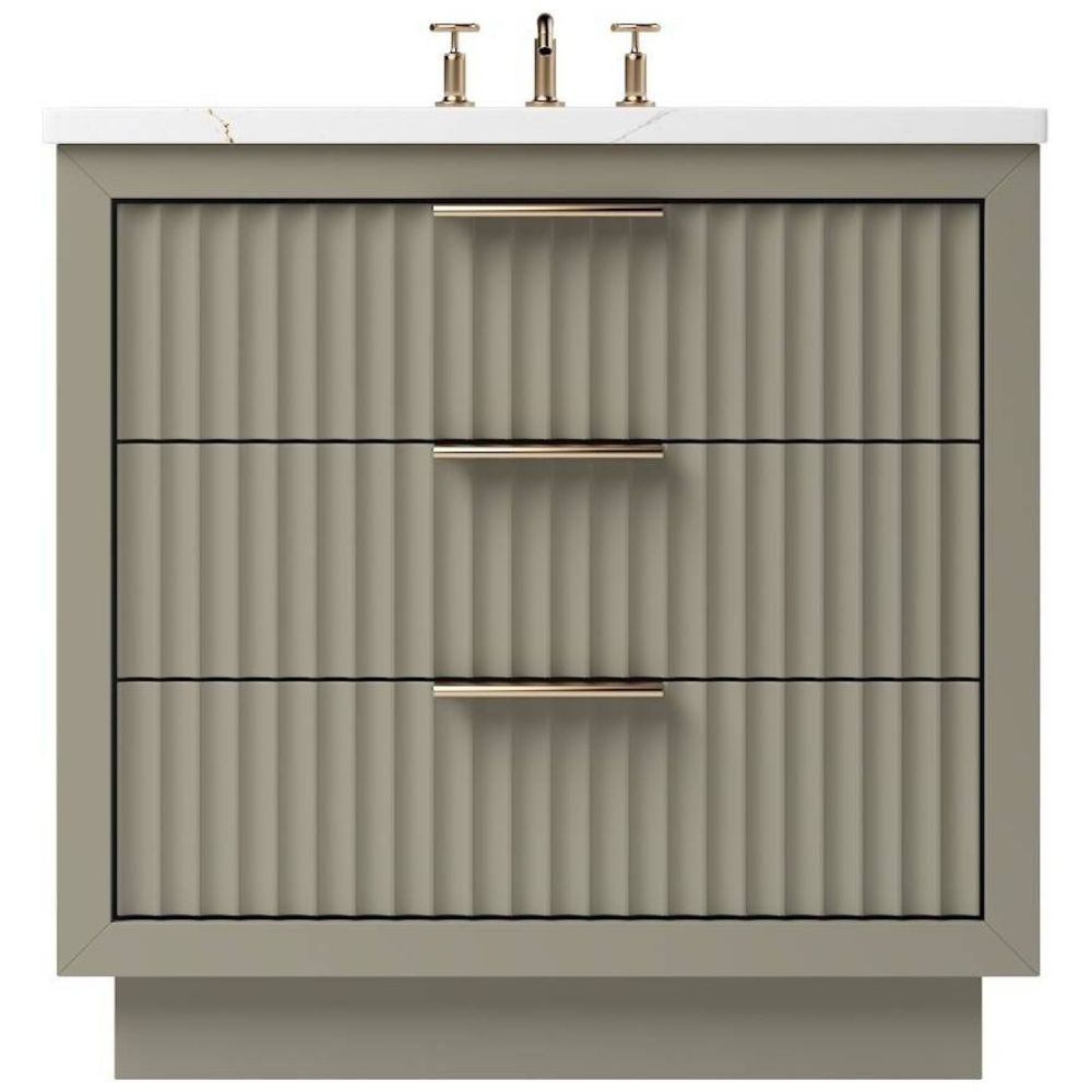 Bathroom vanity with ribbed design, two drawers, and brass fixtures on a white background