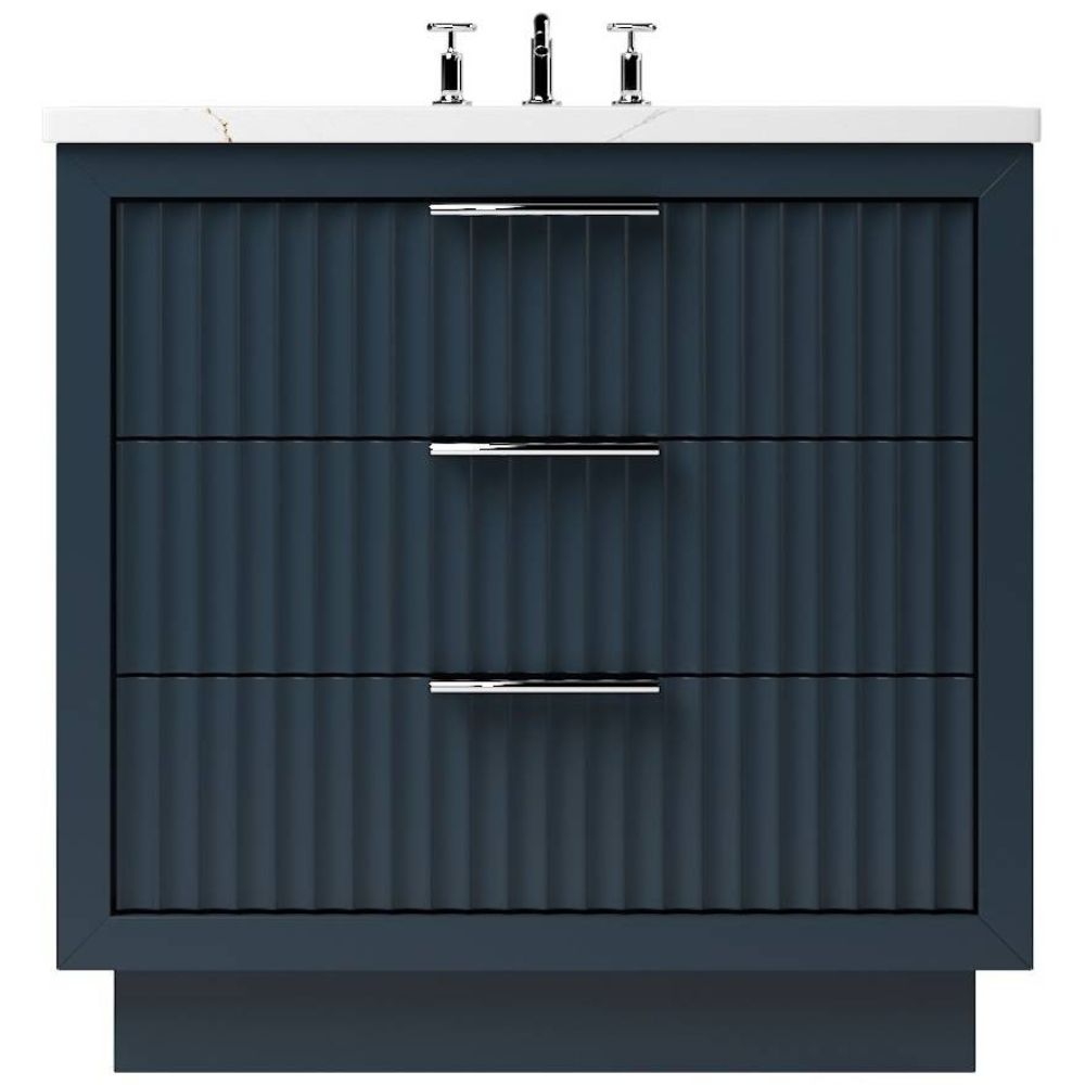 Blue bathroom vanity with three drawers and a white countertop.