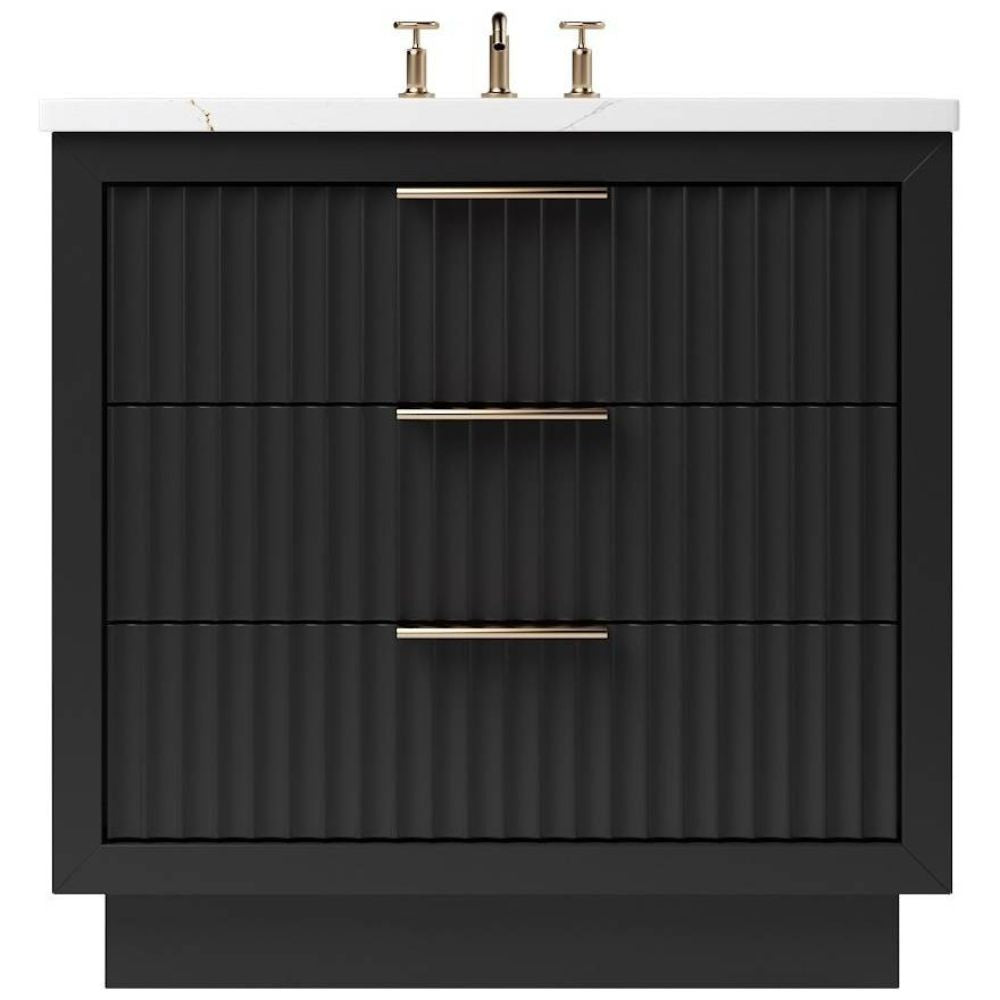 Black bathroom vanity with textured design and gold handles on a white background