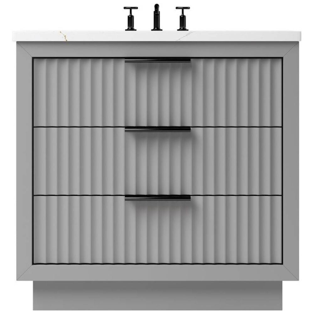 Bathroom vanity with textured gray finish and white countertop