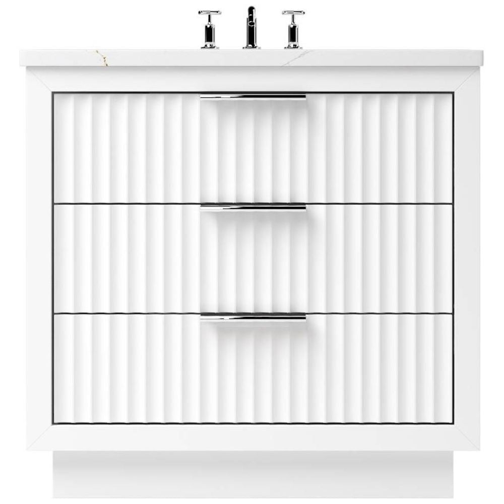 Bathroom vanity with white countertop and glass panels