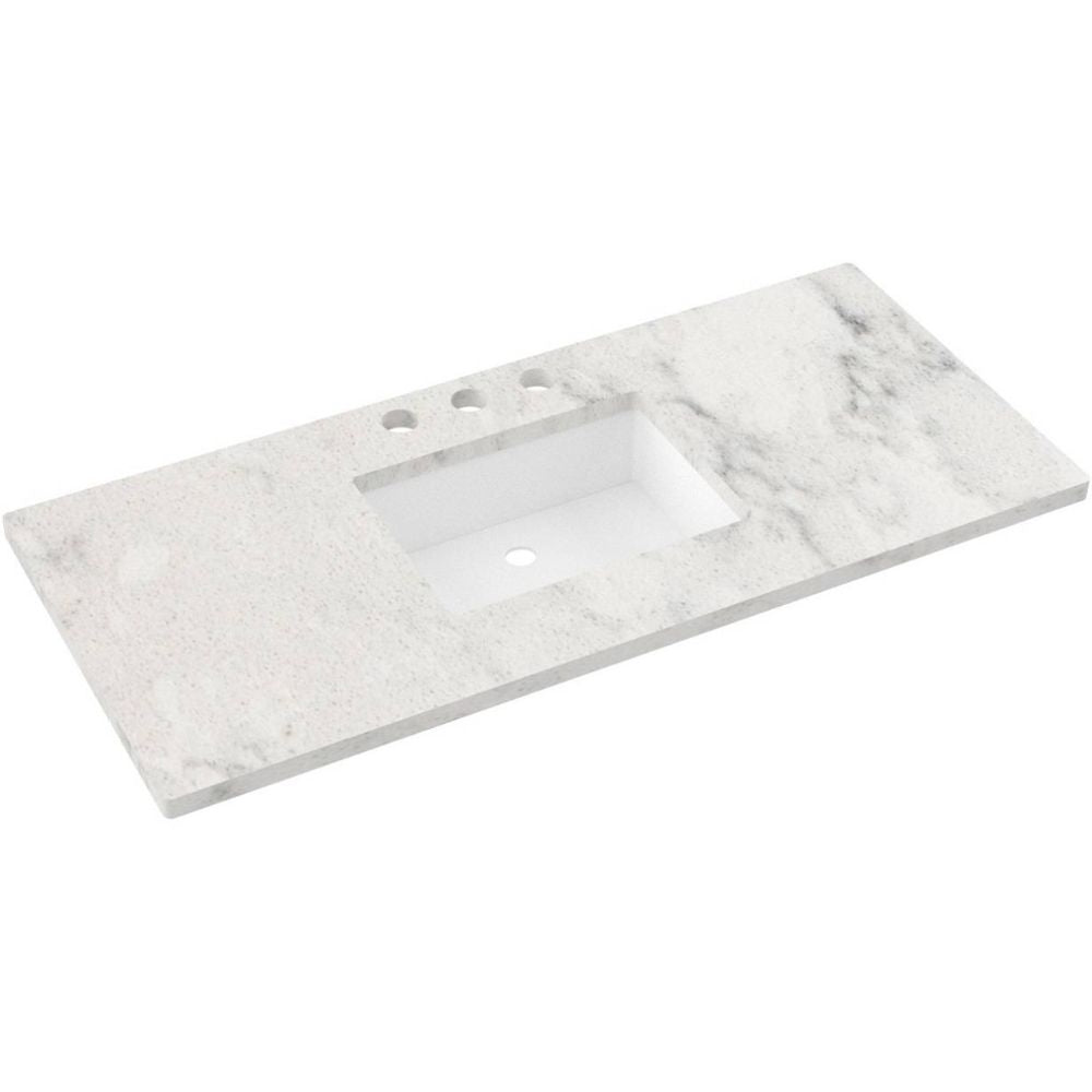 Marble-patterned bathroom vanity top on a white background