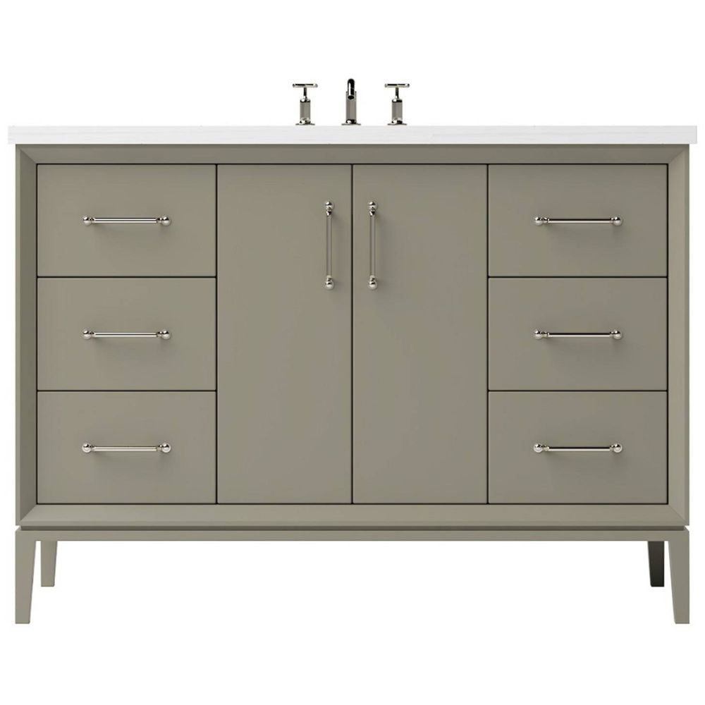 Gray bathroom vanity with white countertop and silver fixtures on a white background