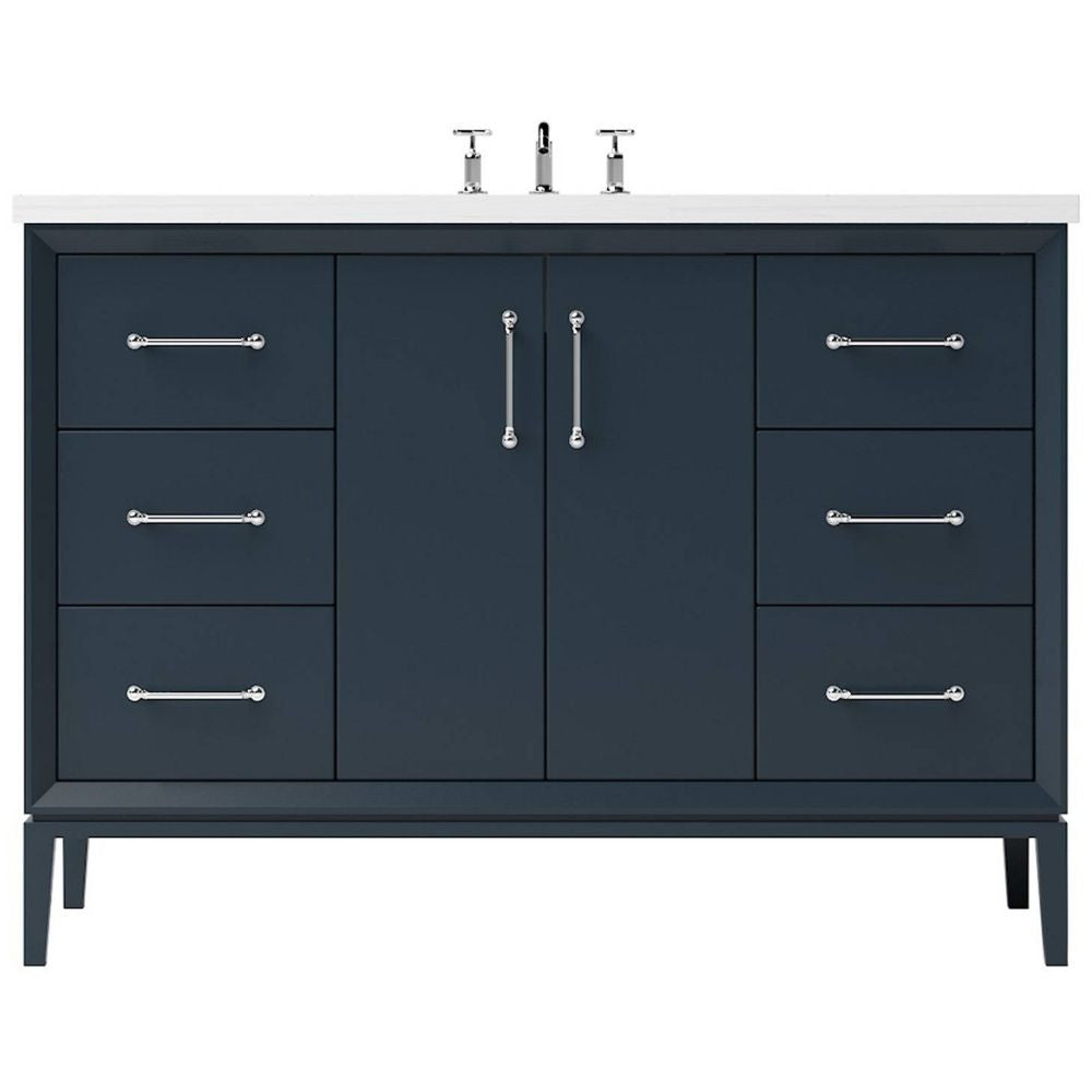 Bathroom vanity with dark blue cabinets, white countertop, and silver fixtures on a white background