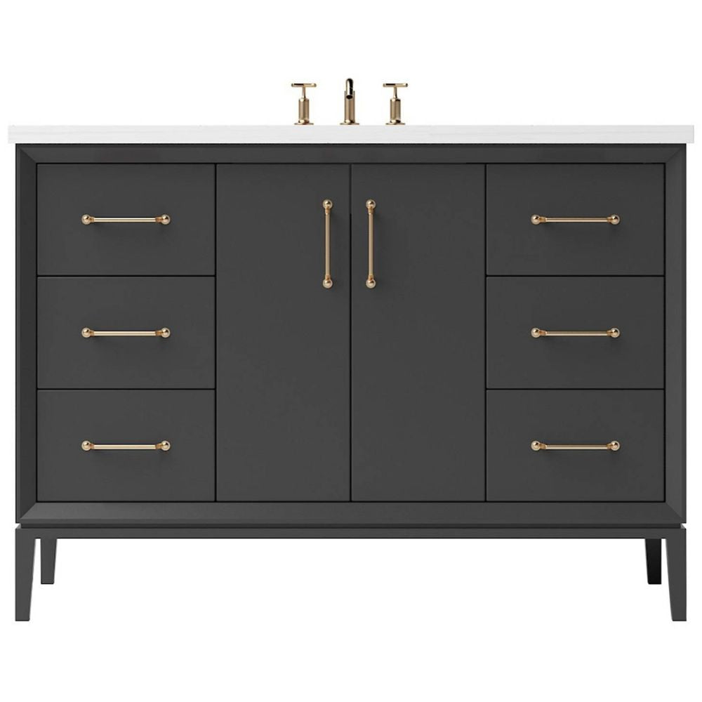 Bathroom vanity with dark gray finish, gold handles, and white countertop on a white background