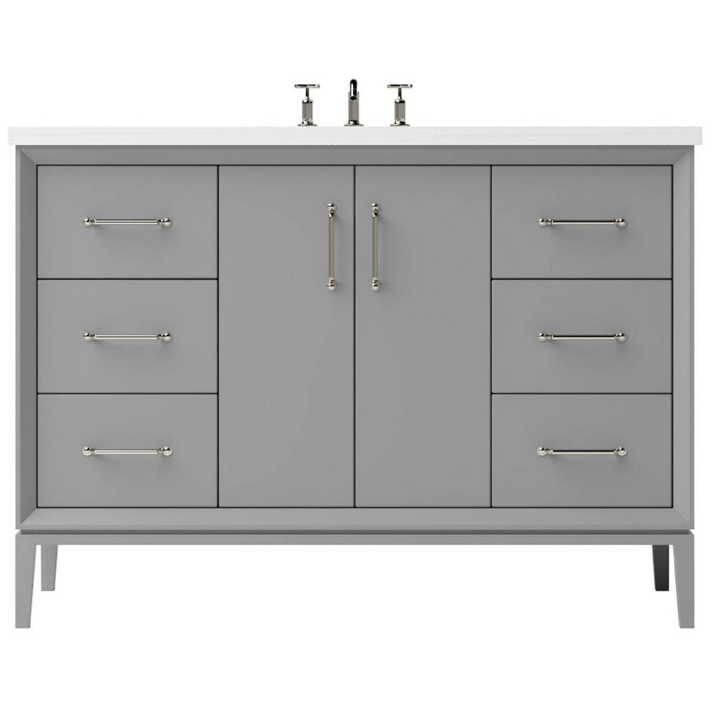 Gray bathroom vanity with white countertop and silver fixtures on a white background