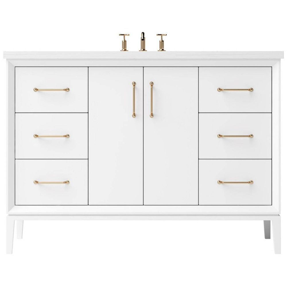 White bathroom vanity with gold handles on a white background