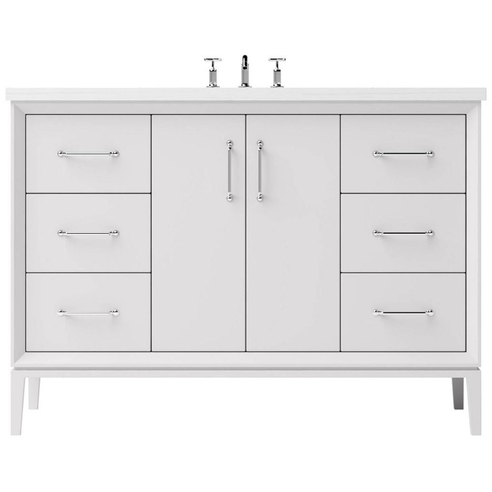 White bathroom vanity with sink and faucet on a white background