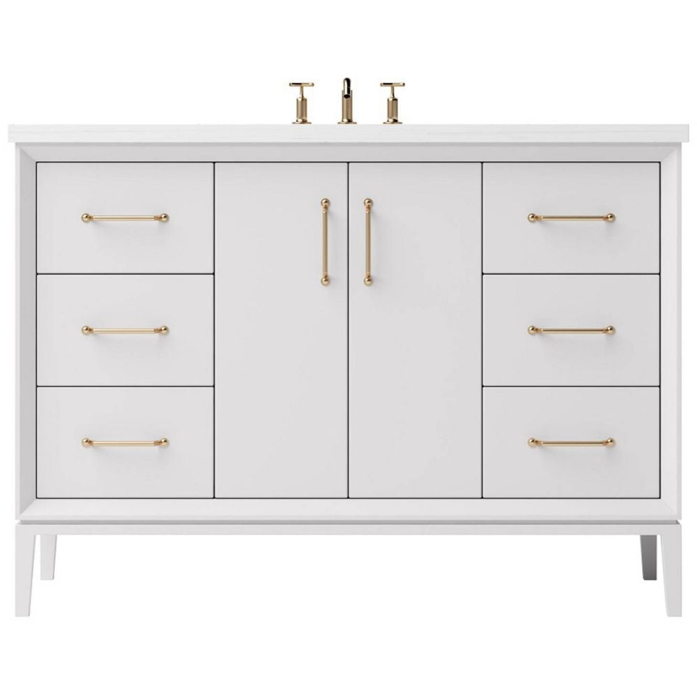 White bathroom vanity with gold handles on a white background