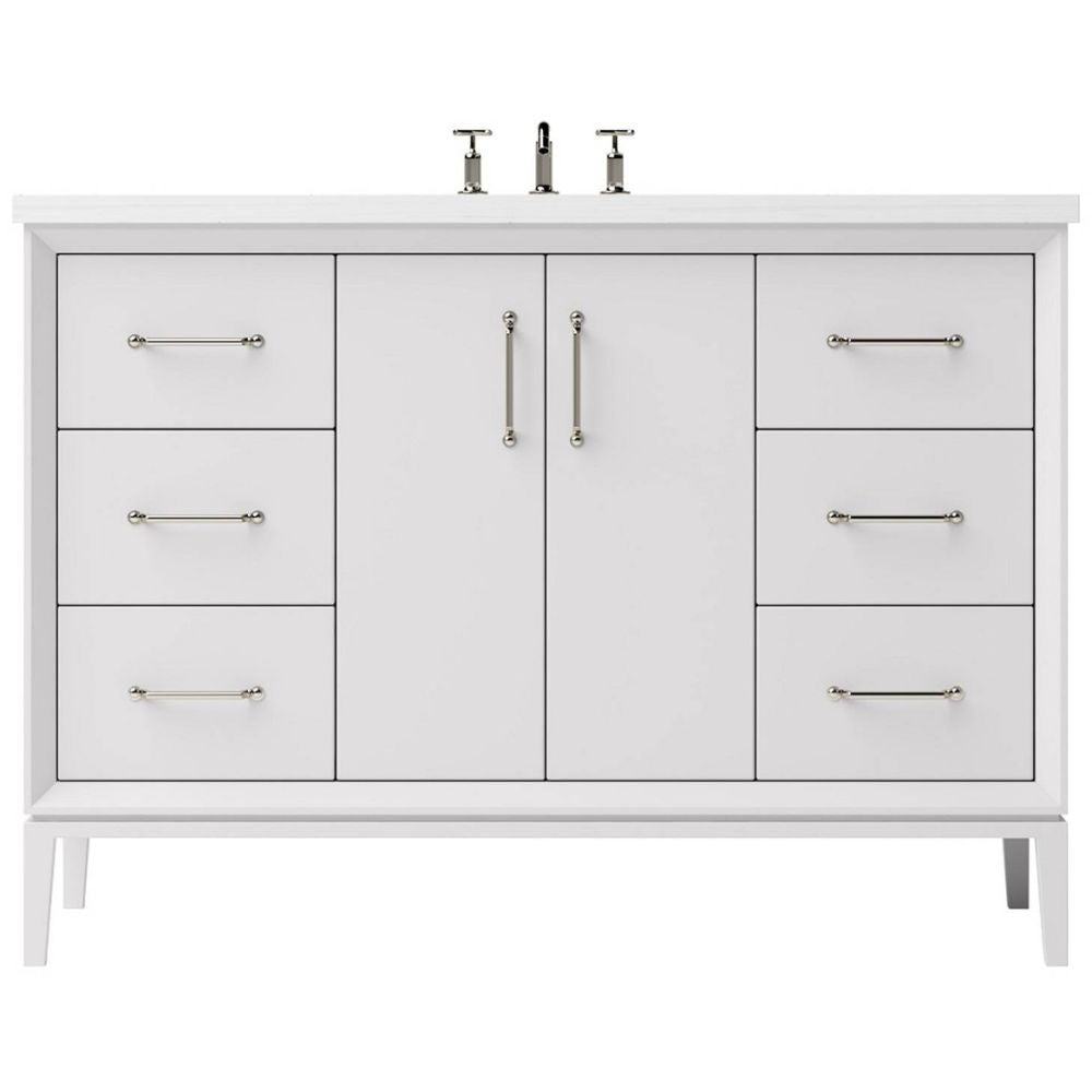 White bathroom vanity with multiple drawers and a central cabinet on a white background
