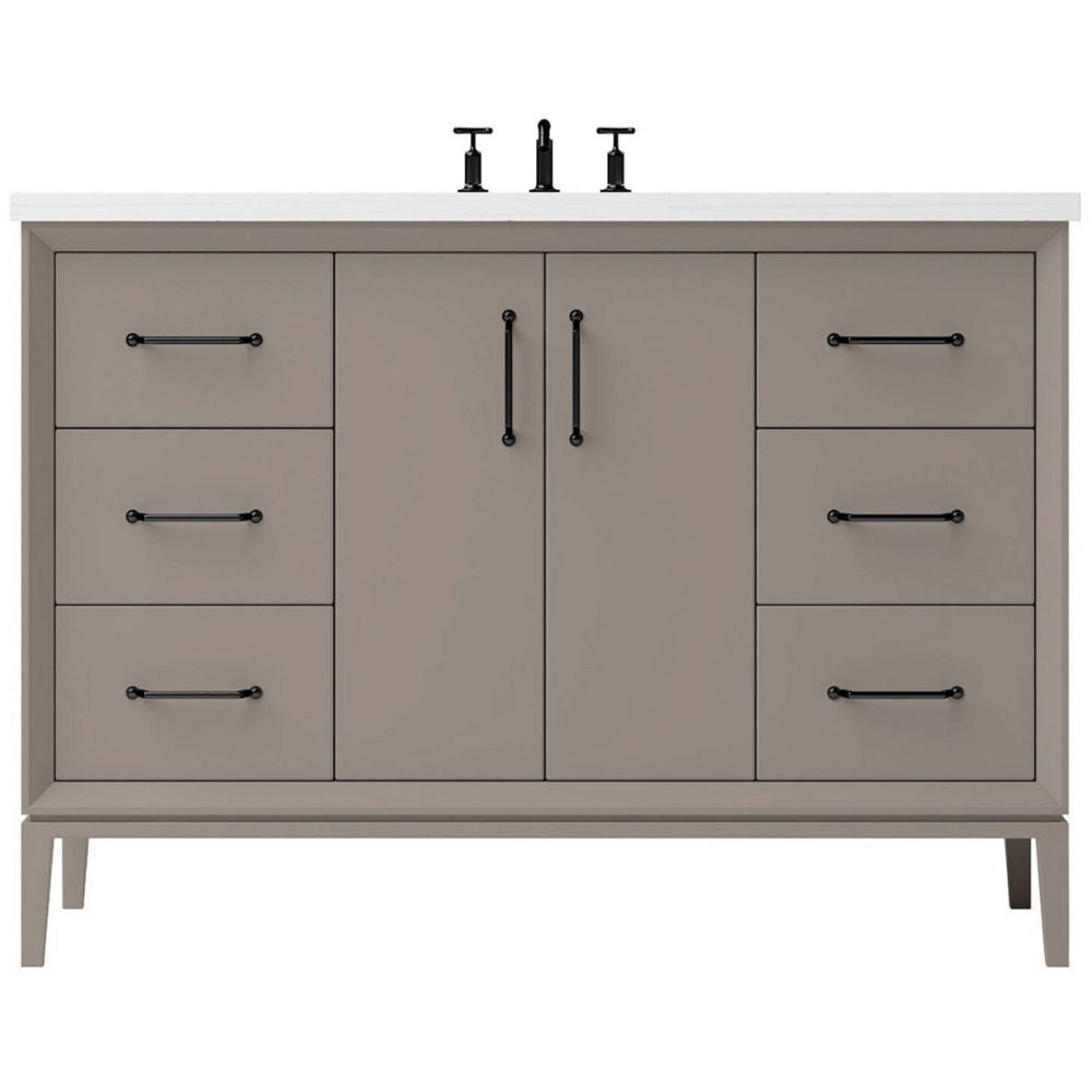 Gray bathroom vanity with white countertop and silver fixtures on a white background