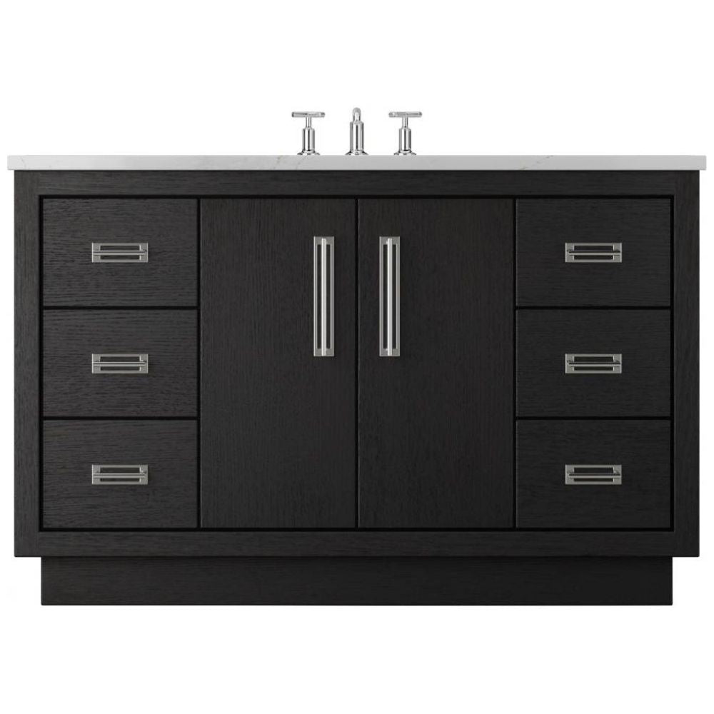 Black bathroom vanity with white countertop and silver fixtures on a white background
