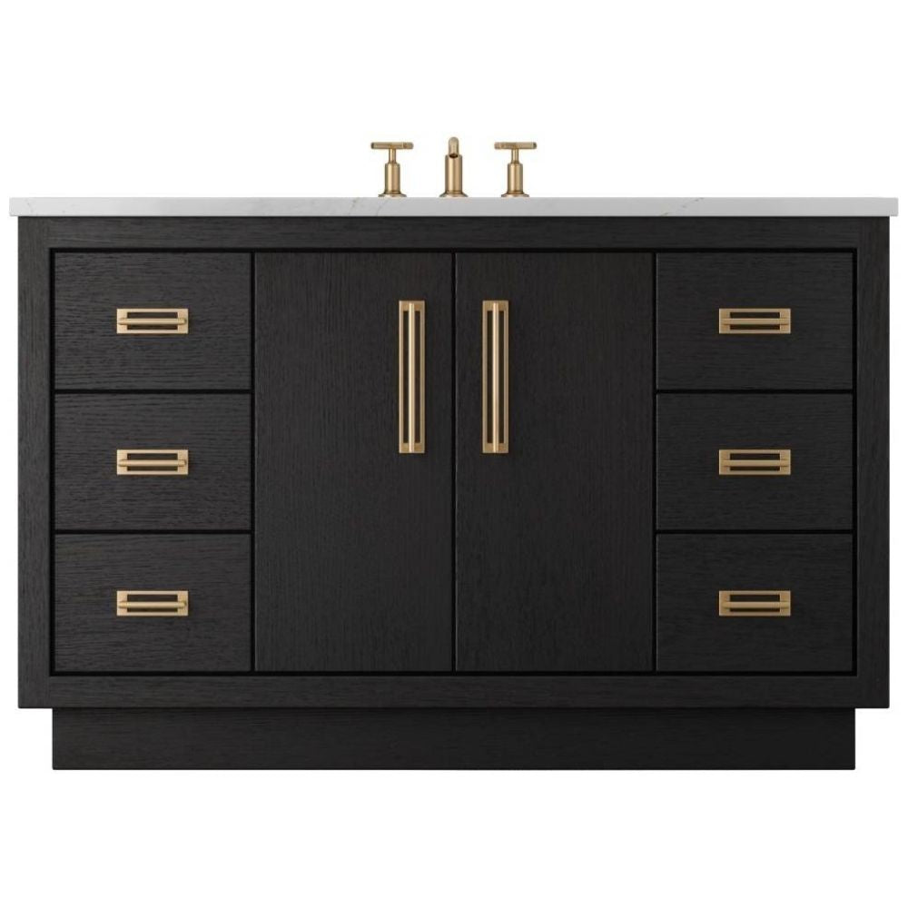 Black bathroom vanity with gold handles on a white background