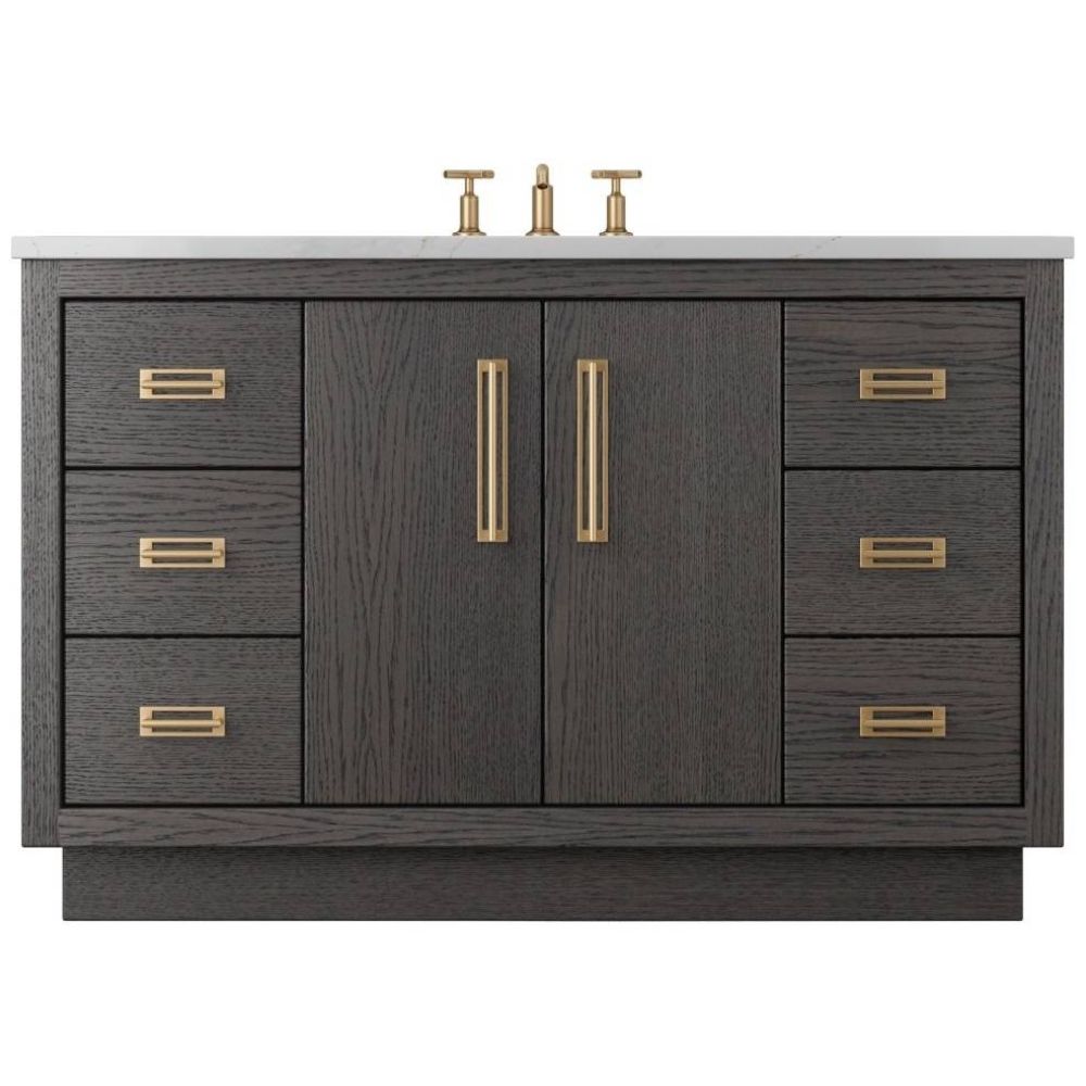 Bathroom vanity with dark wood finish, gold handles, and white countertop on a white background