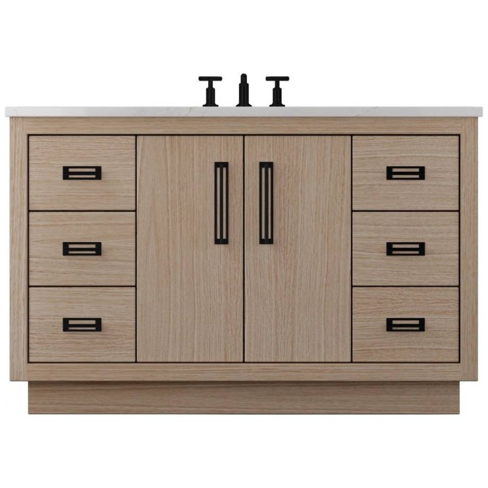 Wooden bathroom vanity with white countertop and black fixtures on a white background