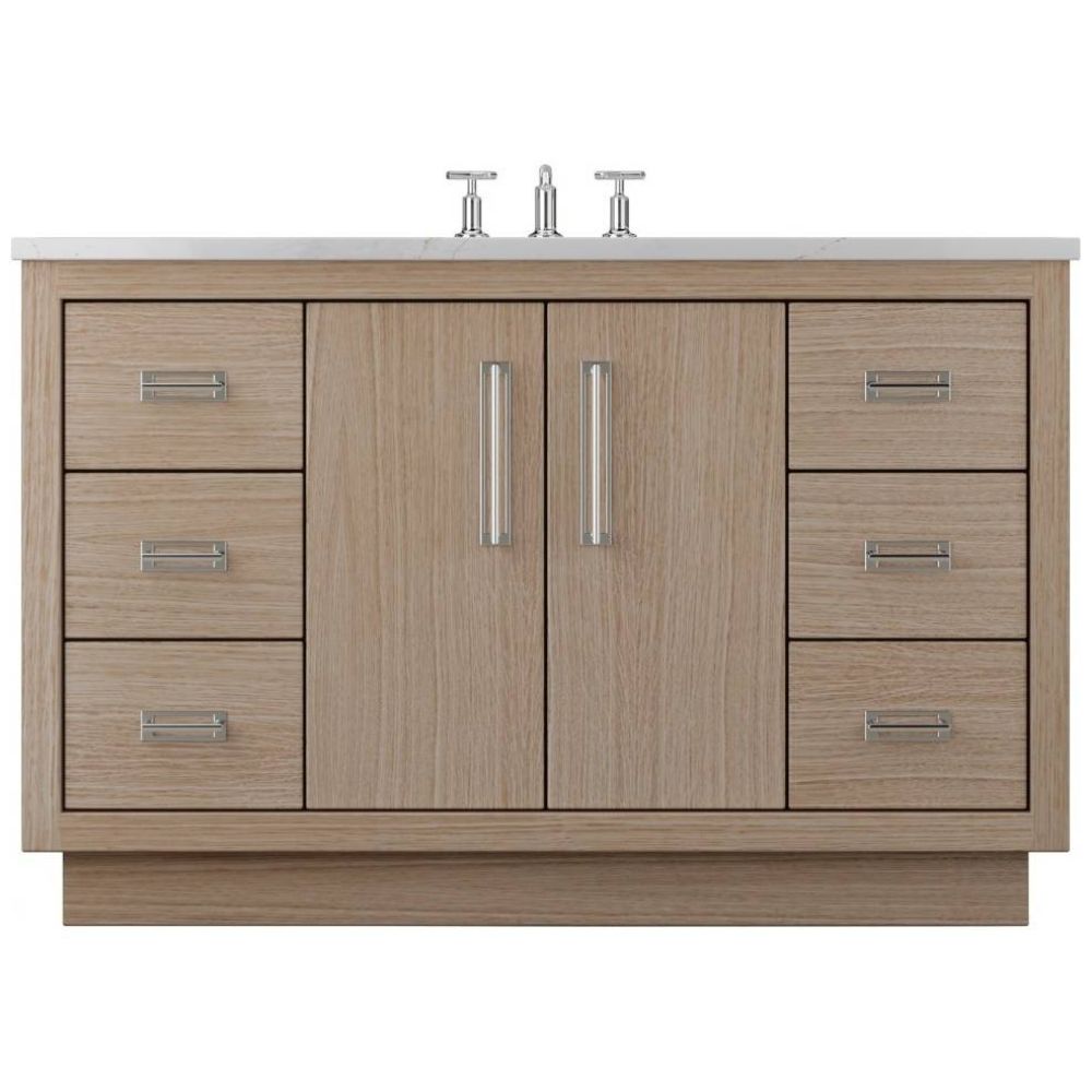 Wooden bathroom vanity with white countertop and silver fixtures on a white background